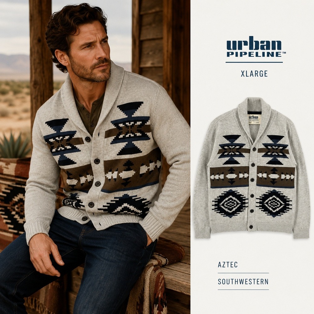 Urban Pipeline Cardigan Mens XL Gray Southwestern Geometric Shawl Collar Aztec